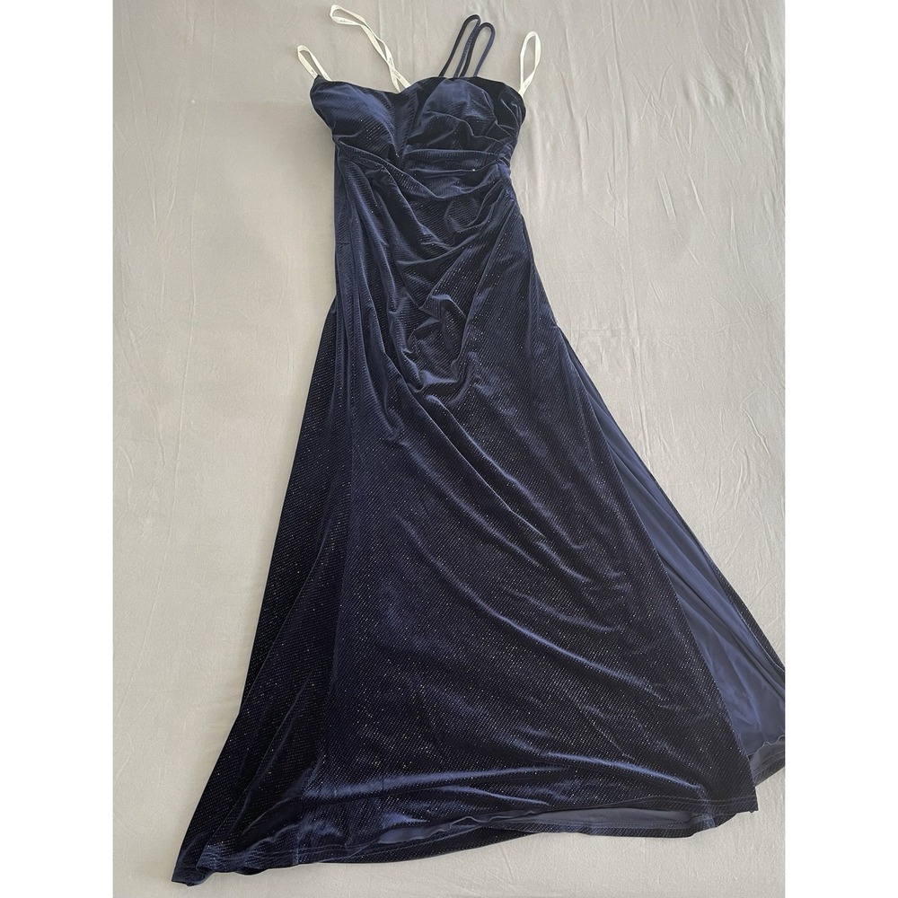 Galina Signature Navy Velvet Shimmer Ruched One Shoulder Gown WBM3329V2 Size 16